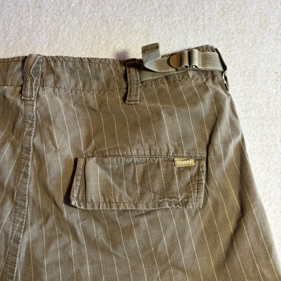 Vintage Stussy Mens Cargo Pants Tan Pinstripe Drawstring Bottom Size‎ 30 Cotton - Picture 10 of 12
